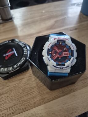 Casio G-Shock White & Blue Sport Watch with Red Dial